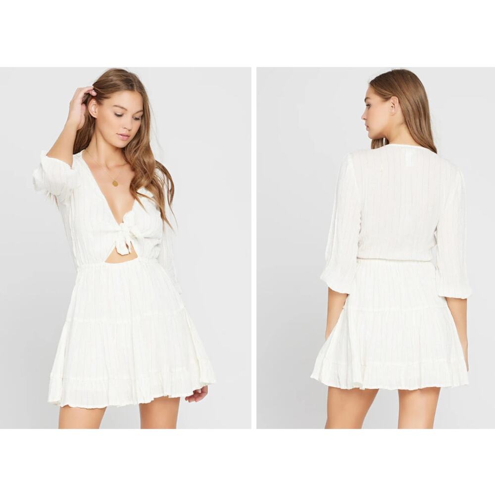 L*Space Stay Golden‎ Dress White Long Sleeve Front Keyhole Gold Stripes Small